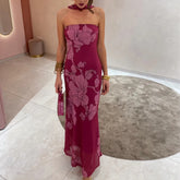 BXOXO Women Long Dress Floral Print Tube Dress Summer Backless Casual Strapless Dress with Choker Scarf Holiday Sundress